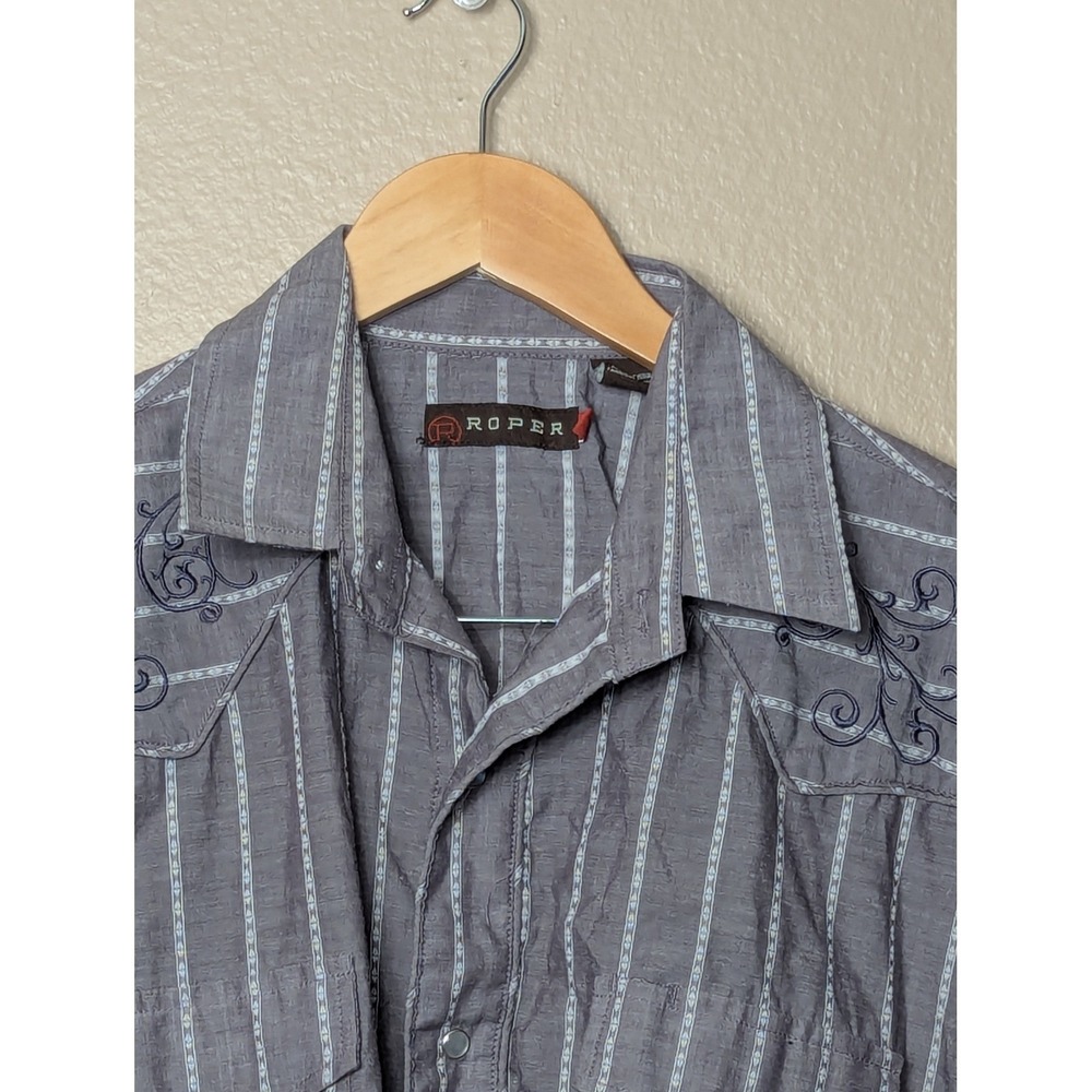 Roper Western Shirt Mens Large Grey Stripe Pearl Snap Embroidered 1-01-017-310GY - Picture 11 of 16